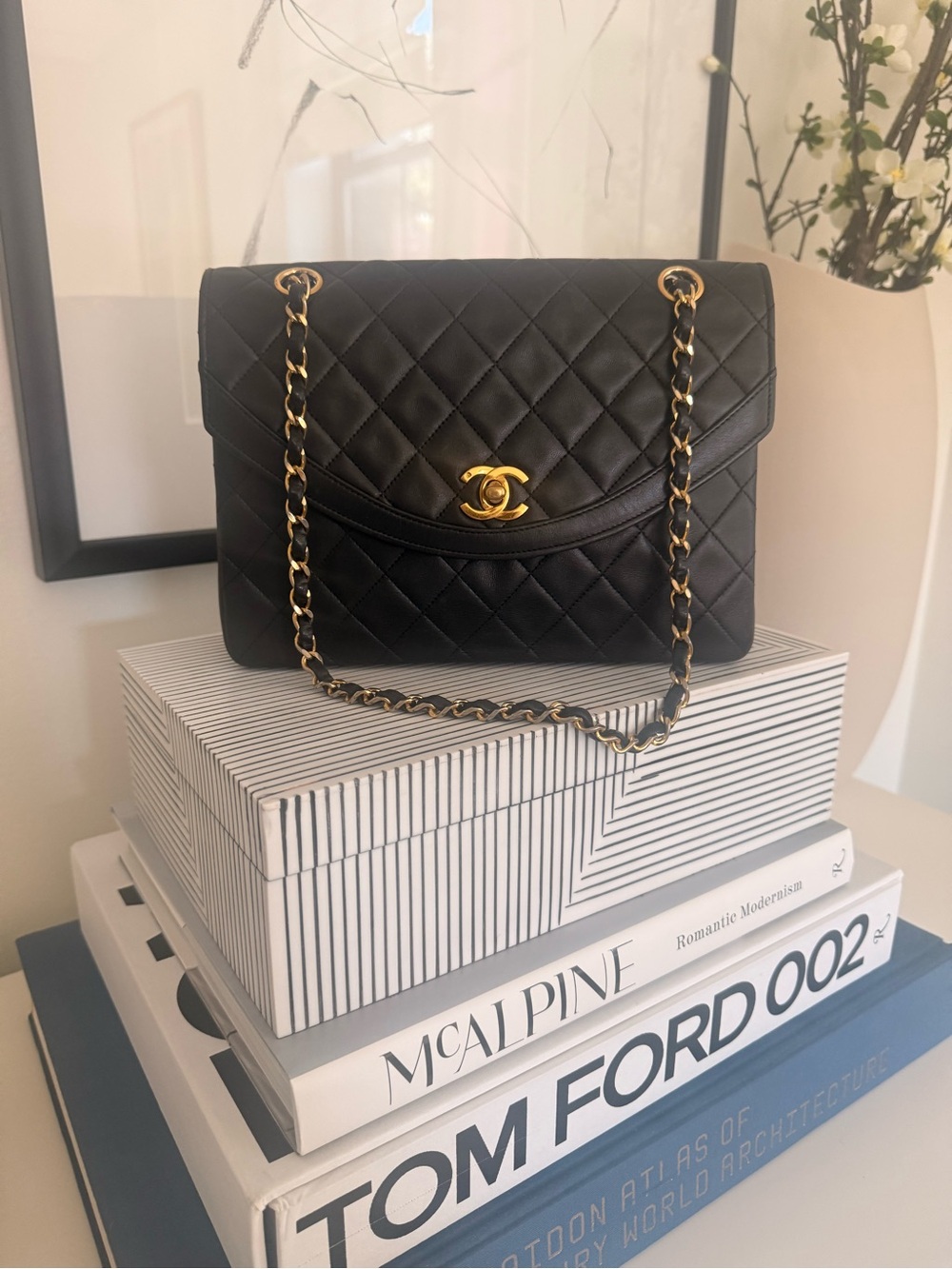 CHANEL Black Quilted Lambskin Shoulder Bag with Gold Hardware